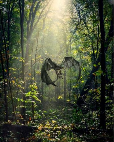 Drache im morgendlichen Wald